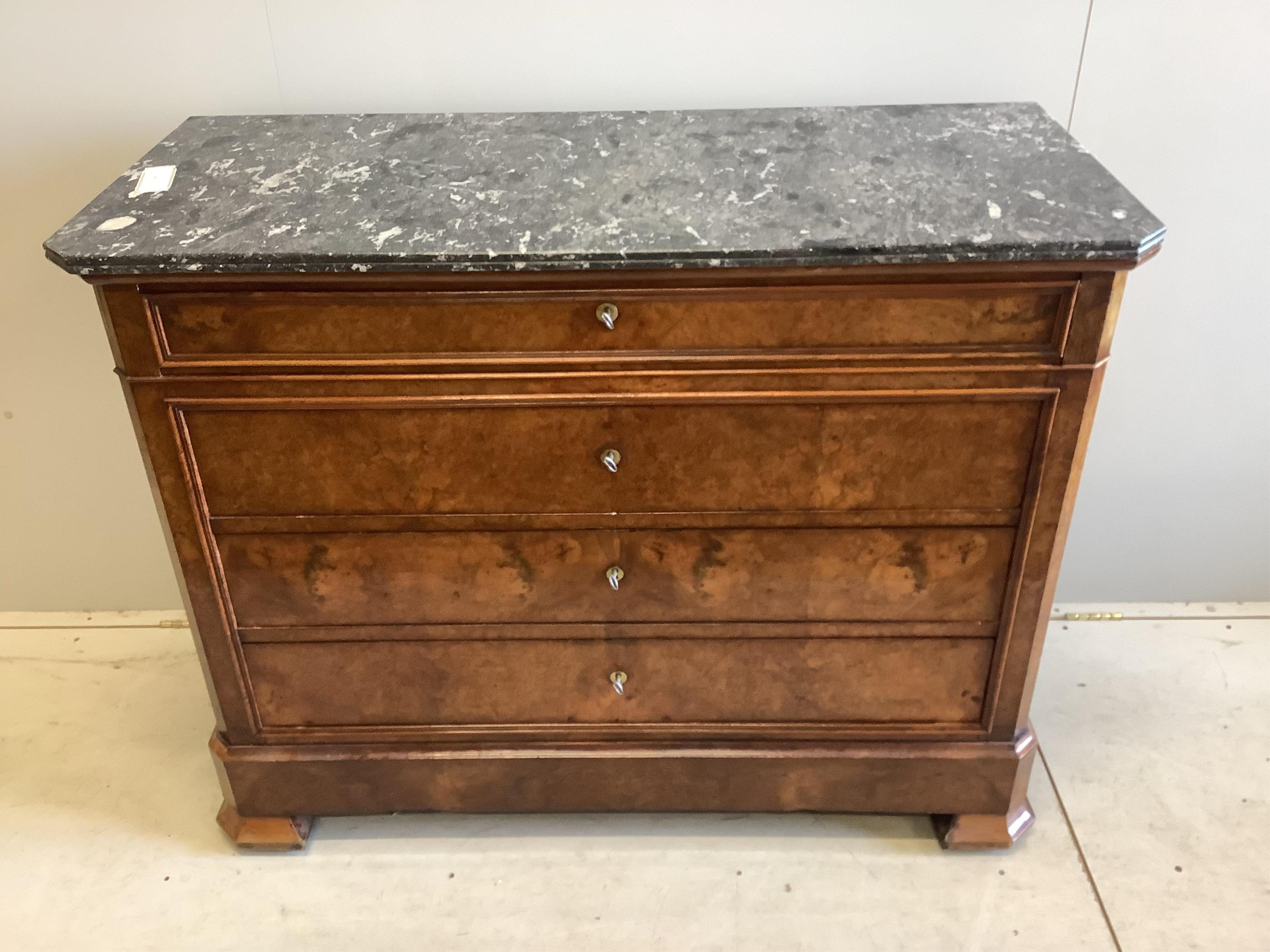 A 19th century French burr walnut marble top four drawer commode, width 127cm, depth 55cm, height 99cm. Condition - good